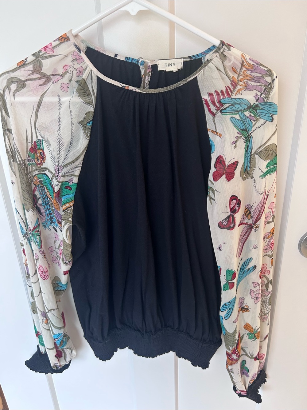 Black Peasant Blouse with Floral-Print Sheer Sleeves - Size medium